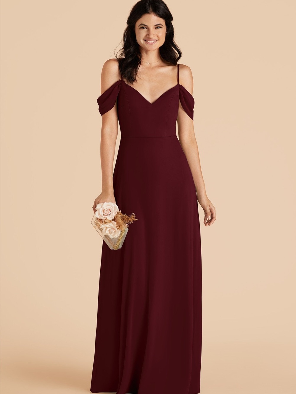 Birdy Grey Off-Shoulder Burgundy Maxi Gown